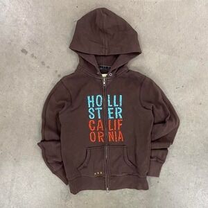 Vintage Y2K Brown Hollister California Surf Zip Up Hoodie Size L